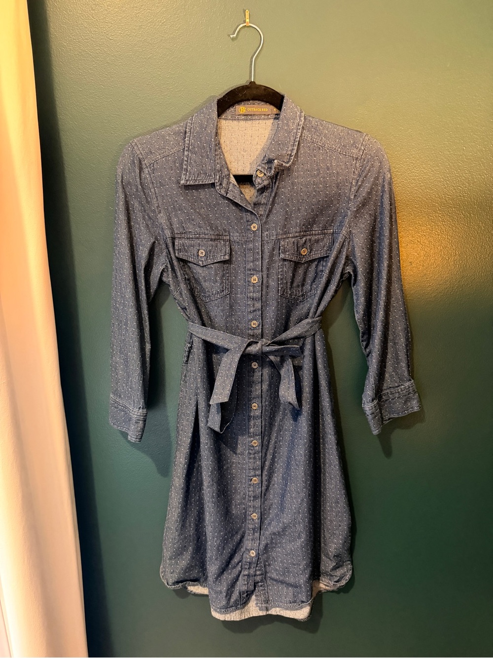 Outback Red Denim-Style Blue Long Sleeve Shirt Dress with Tie Belt